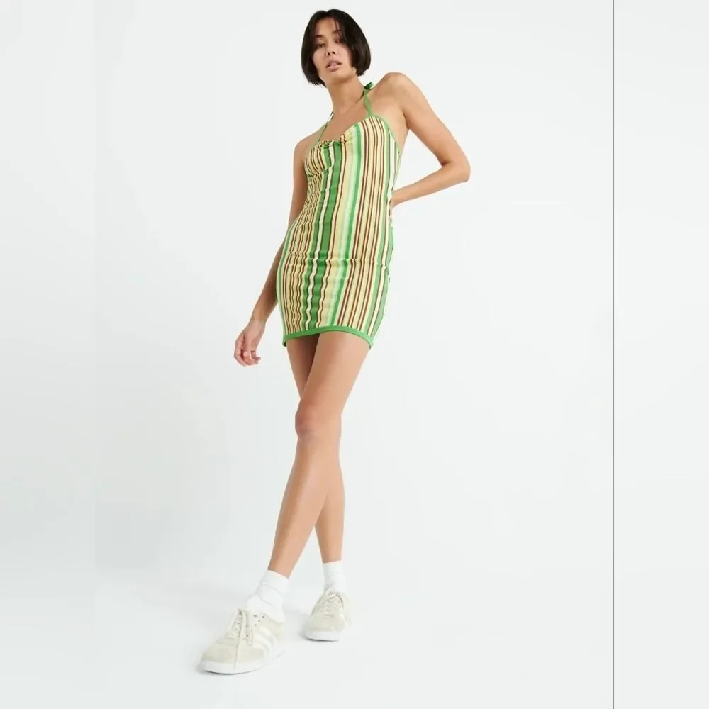 Aritzia Sunday Best Jett‎ Green Striped Halter Bodycon Knit Mini Dress Small